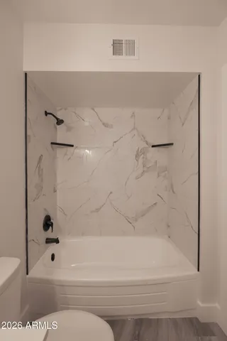 a bathroom with a shower and toilet