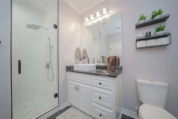 a bathroom with a granite countertop sink a toilet a mirror and shower