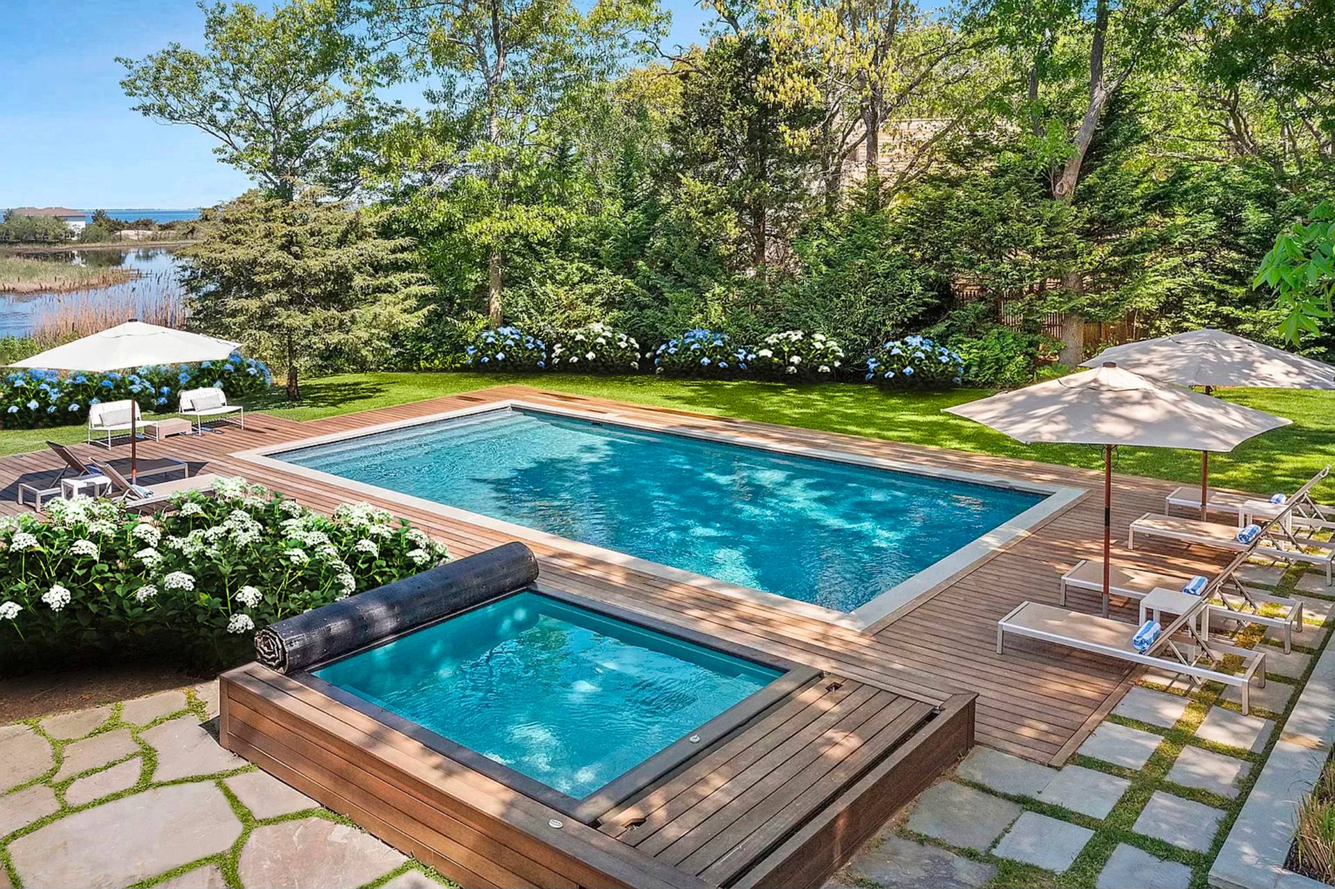 a view of an outdoor space with swimming pool