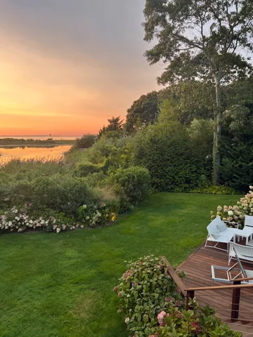 a view of a garden with lawn chairs