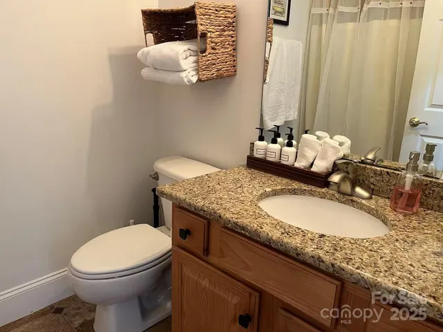a bathroom with a granite countertop sink a toilet and a mirror
