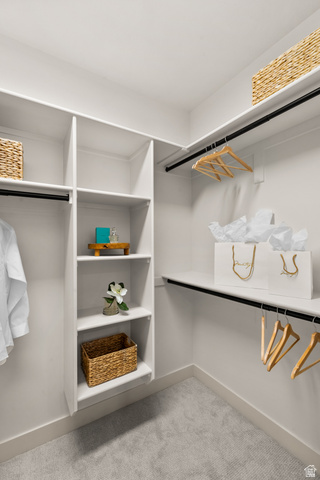 340 Brayden Way Draper, UT 84020 - Photo 19 of 58 Built-in closet system featuring multiple shelves and hanging rods, white-painted cabinetry, and carpeting