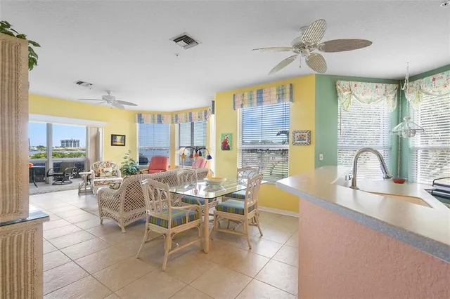 a view of a dining room with furniture window and outside view