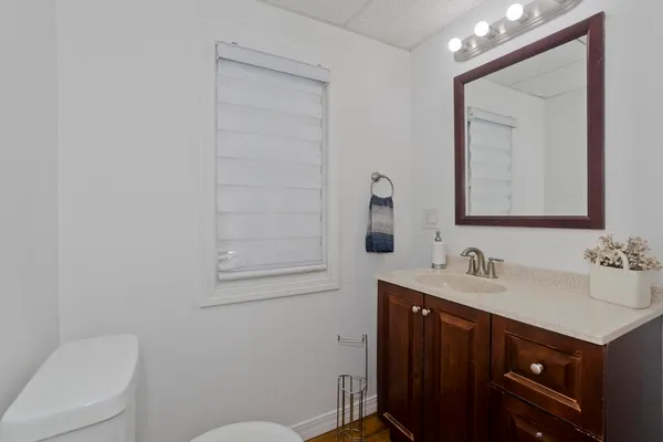 a bathroom with a toilet sink vanity and mirror