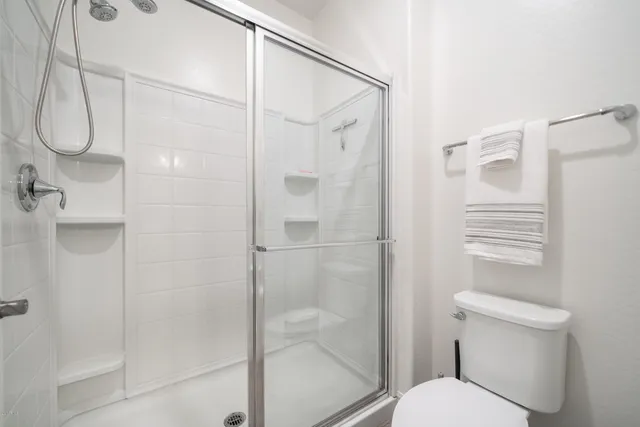 a bathroom with a shower and toilet