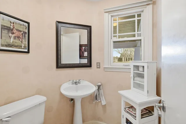 a bathroom with a sink toilet and mirror