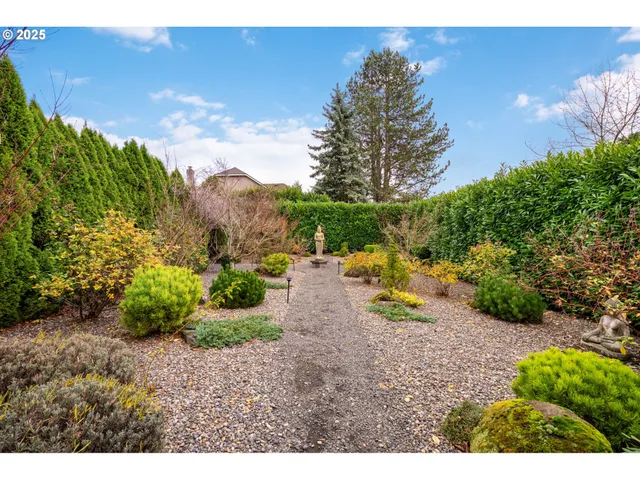 a view of a park with large trees