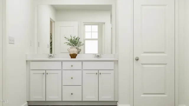 a bathroom with a sink vanity and a mirror