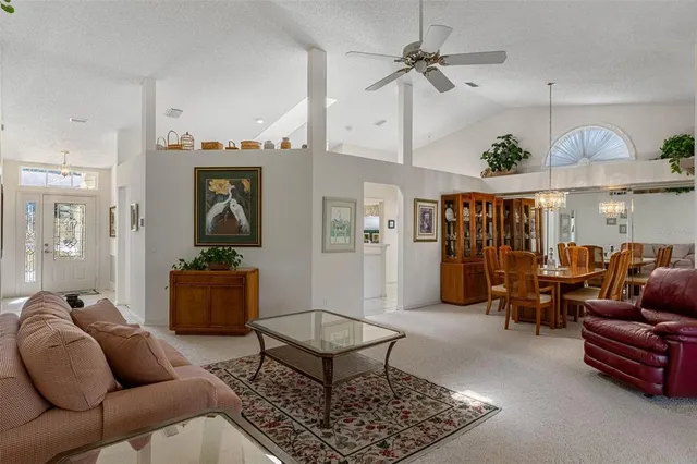a living room with furniture a chandelier and a rug