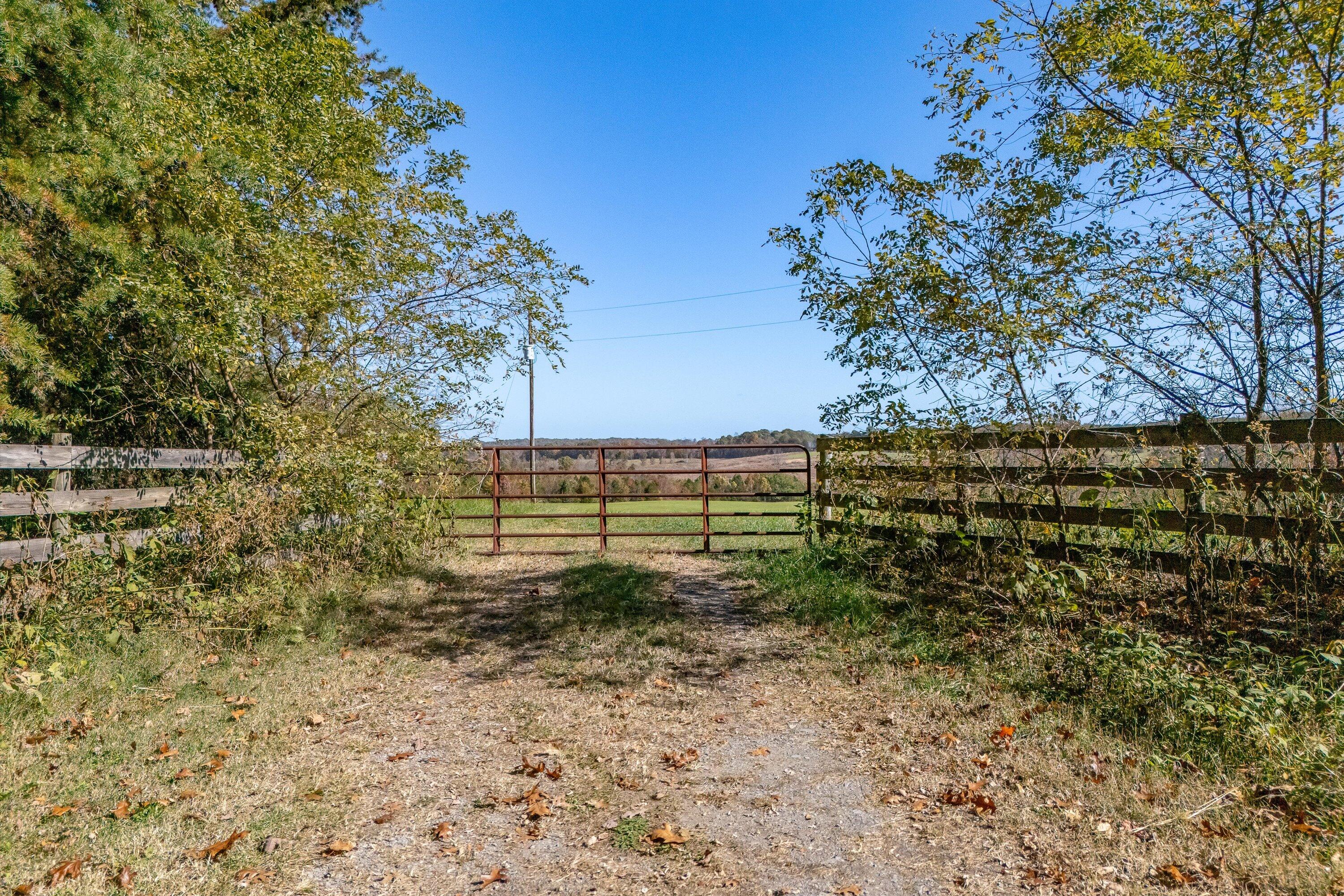 a view of a yard with wooden fence