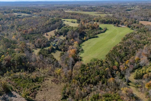 an aerial view of residential houses with outdoor space and trees