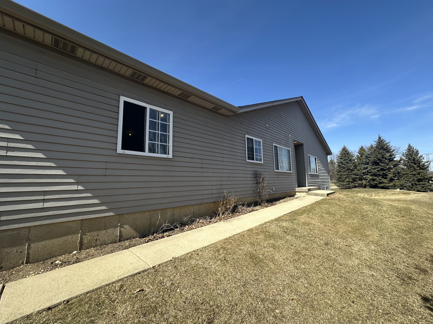 a backyard of a house with large tree