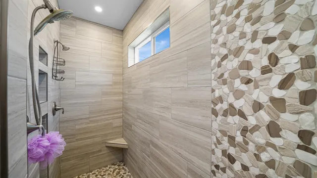 a bathroom with a shower curtain
