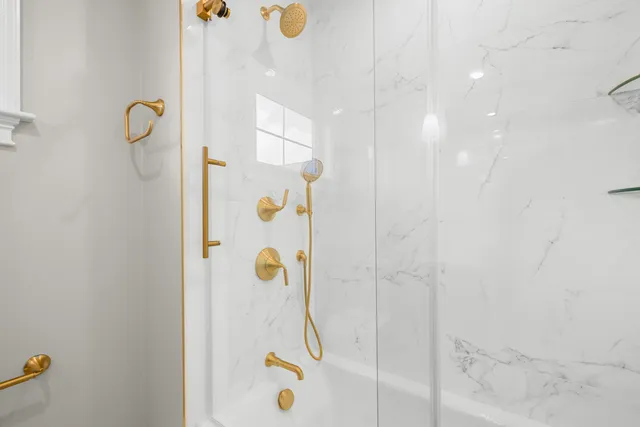 a view of a yard with plants and large trees