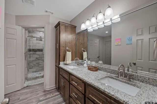 a bathroom with a granite countertop sink a large mirror and a shower