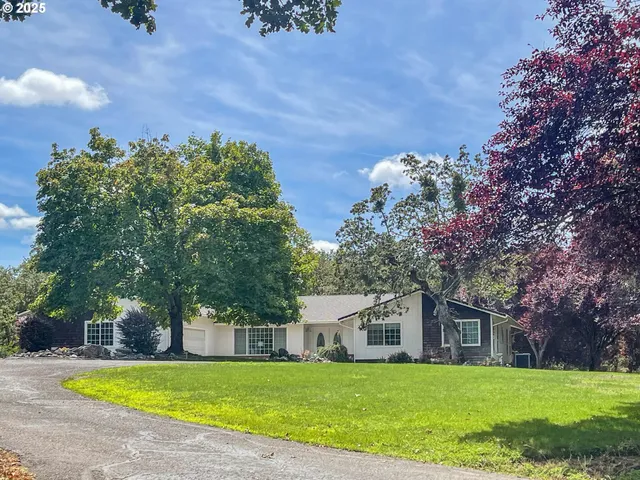 a view of a yard with large trees