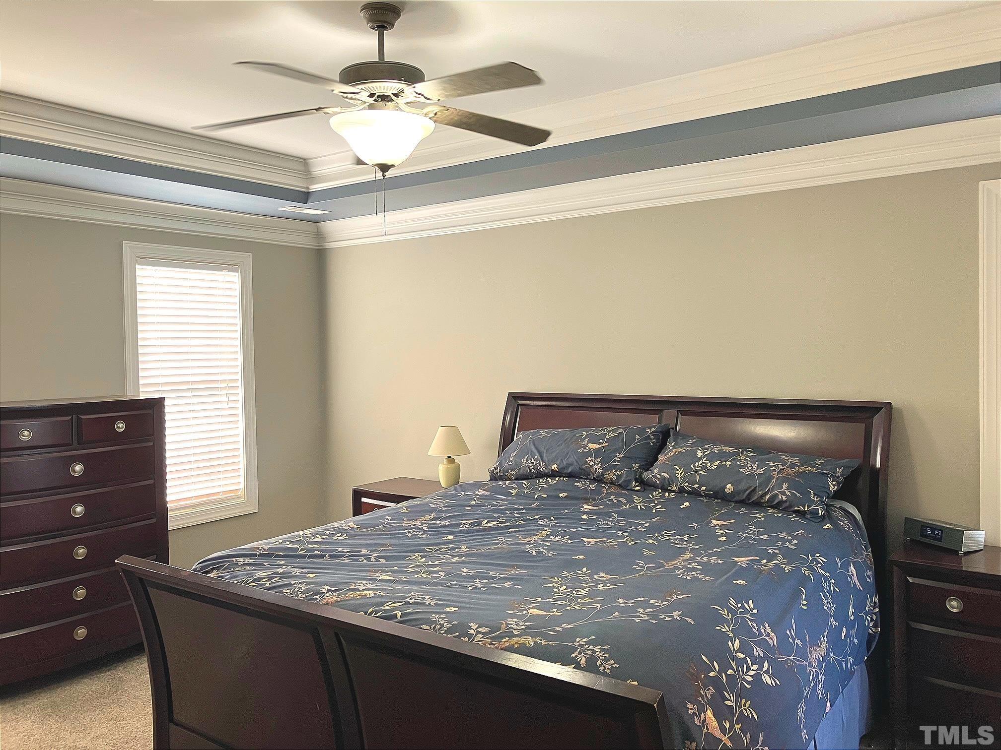 7733 Pegram Street Willow Spring, NC 27592 - Photo 17 of 34 a bed sitting in a bedroom next to a window and a chandelier