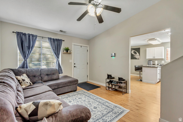933 South Freedom Boulevard, Unit 7 Provo, UT 84601 - Photo 4 of 23 Living room featuring light wood-style floors and ceiling fan