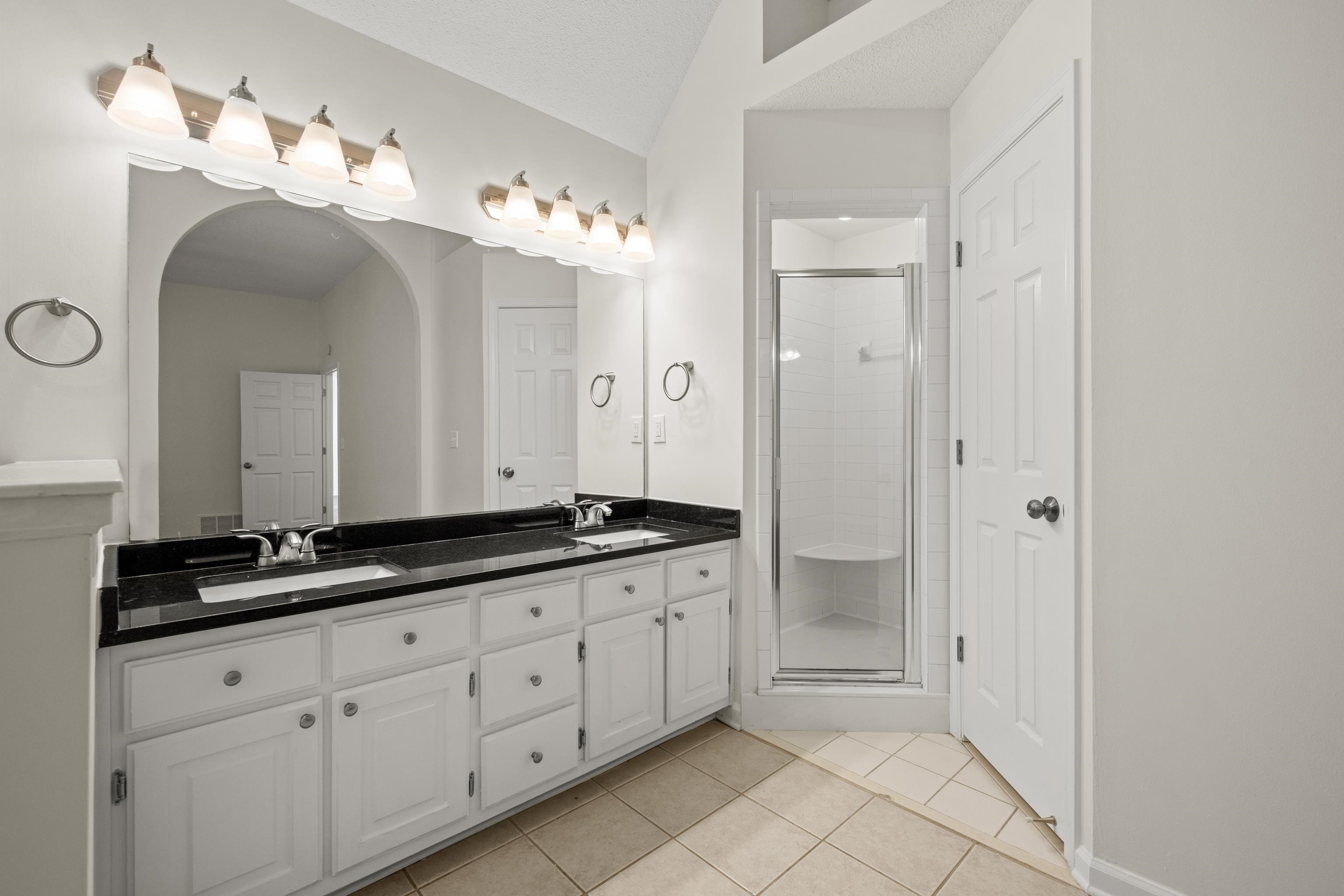 8016 Cale Falls Lane Bartlett, TN 38002 - Photo 19 of 37 a spacious bathroom with a granite countertop sink a mirror and a shower