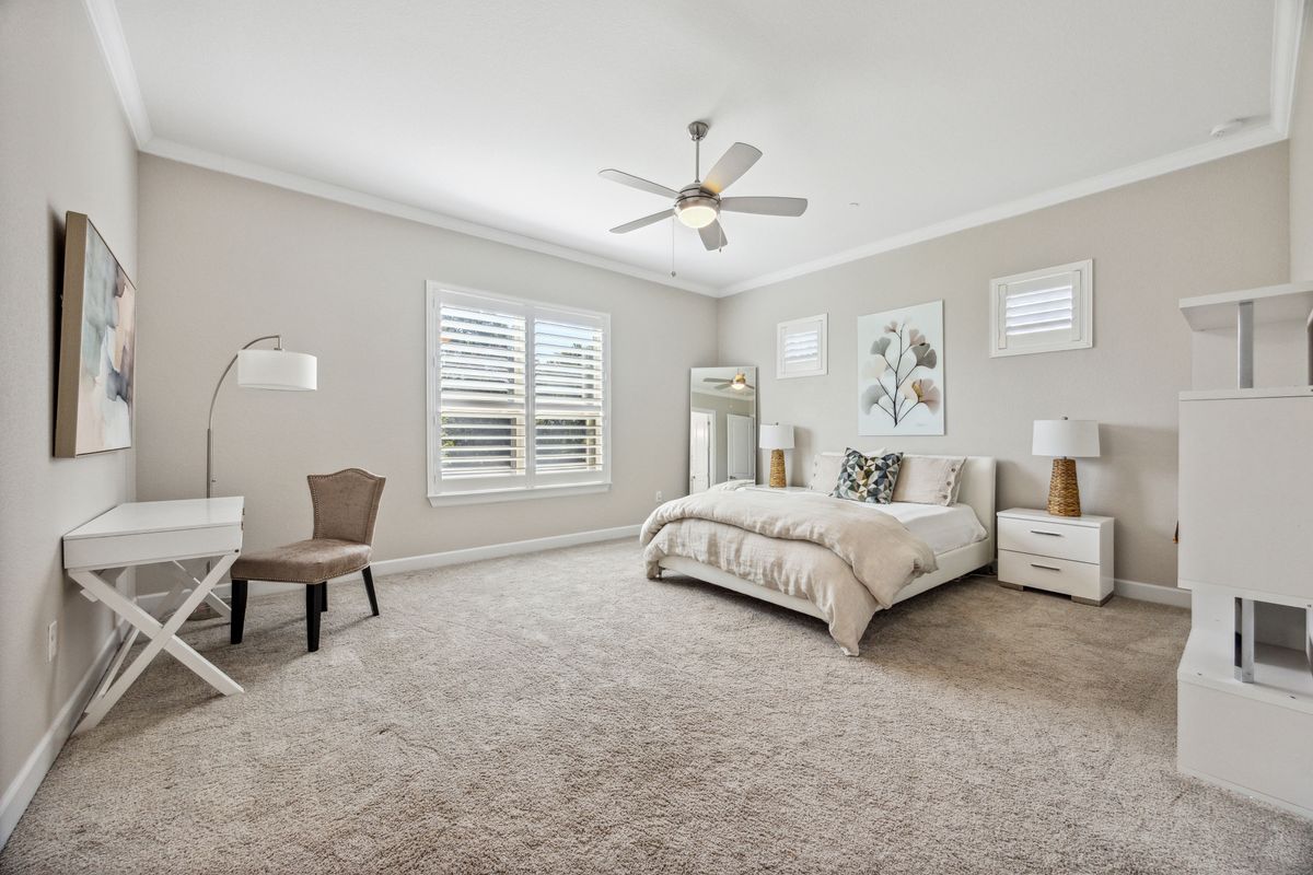 9600 Chamois Way Austin, TX 78736 - Photo 11 of 14 Bedroom with ornamental molding, carpet floors, and ceiling fan