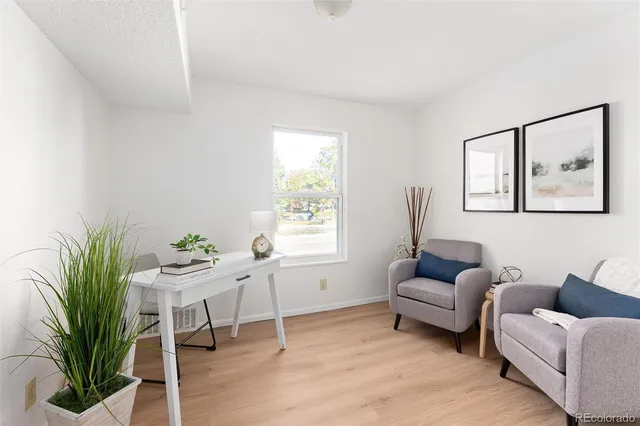 a living room with furniture a widow and a potted plant