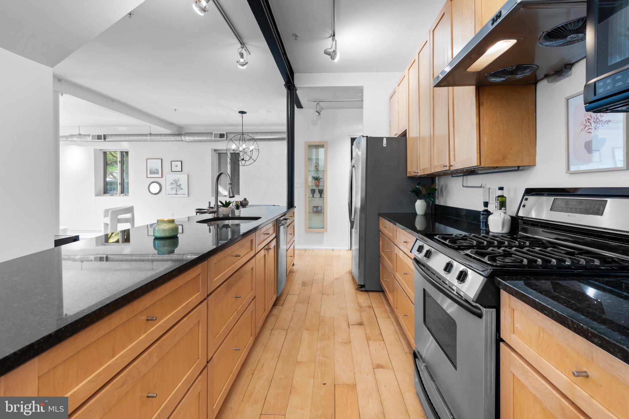 2307 15th Street Northwest, Unit 1 Washington, DC 20009 - Photo 22 of 43 a large kitchen with stainless steel appliances granite countertop a stove a sink dishwasher and cabinets with wooden floor