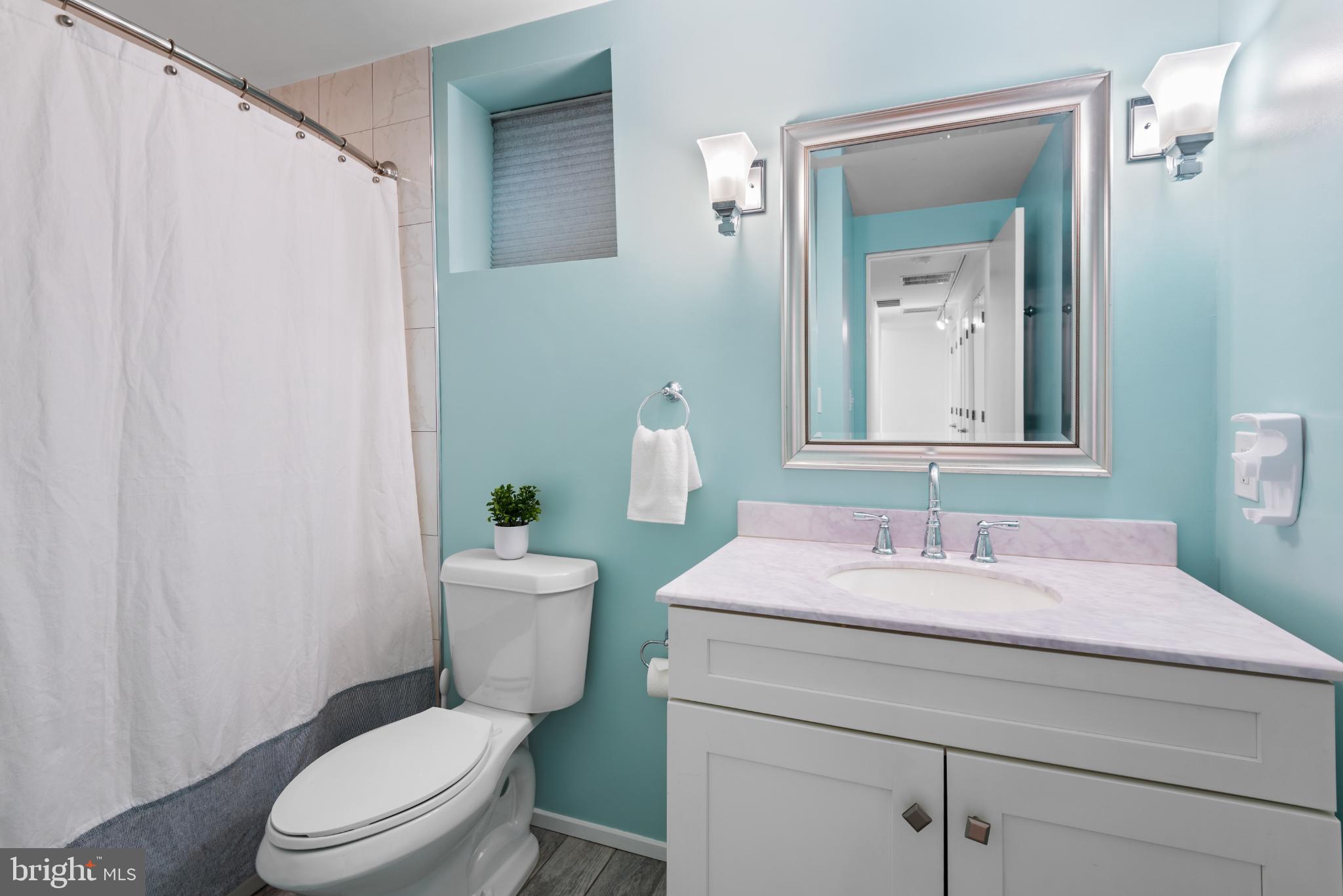 2307 15th Street Northwest, Unit 1 Washington, DC 20009 - Photo 34 of 43 a bathroom with a sink a toilet a mirror and shower curtain