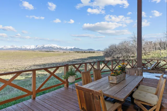 a view of a backyard with plants and a table
