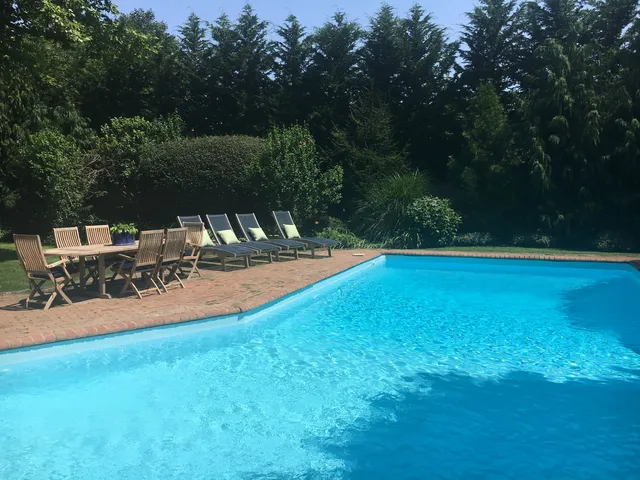 a view of a swimming pool with a patio and garden
