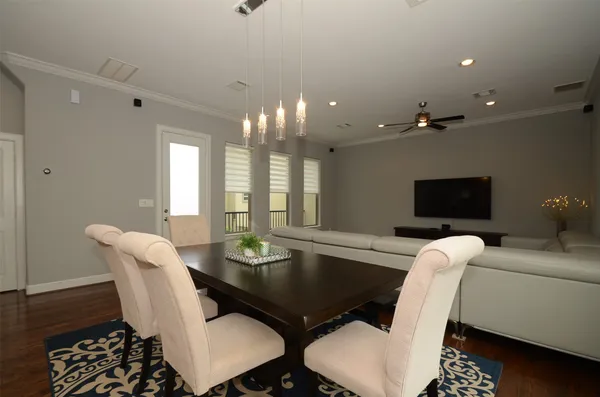a view of a dining room with furniture