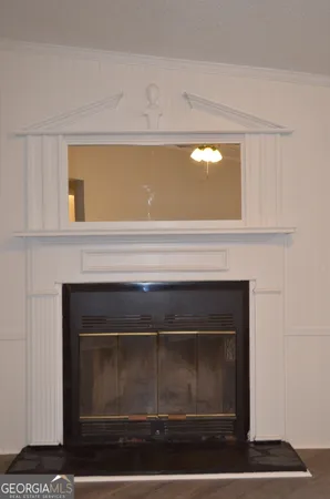 a fireplace with a vanity
