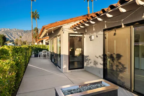 an outdoor space with seating