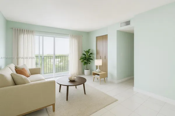 a living room with furniture and a potted plant