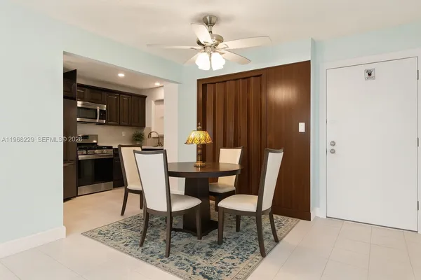 a view of a dining room with furniture
