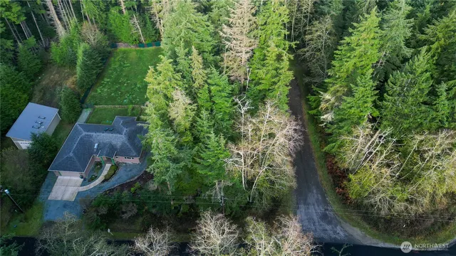 a view of a green field with a tree in the background