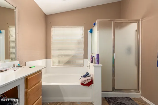 a bathroom with a tub shower vanity and a sink