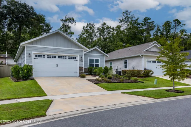 a view of a yard in front of a house with plants and large tree
