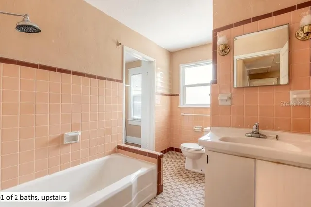 a bathroom with a sink a toilet a mirror and bathtub