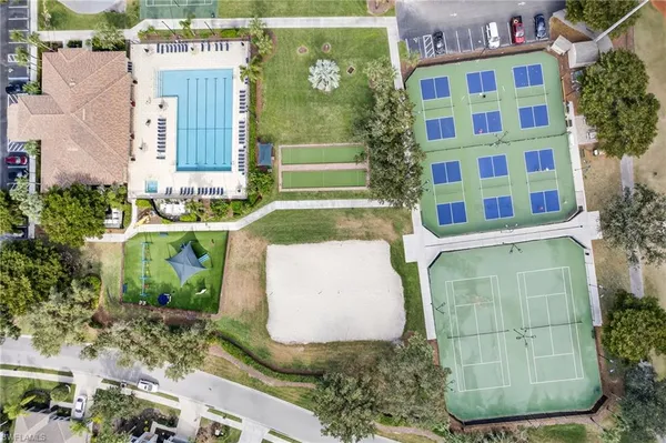 an aerial view of a house with a garden