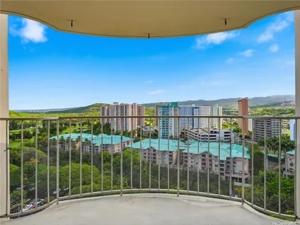 a view of a building from a balcony