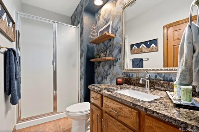 a bathroom with a granite countertop sink toilet and shower