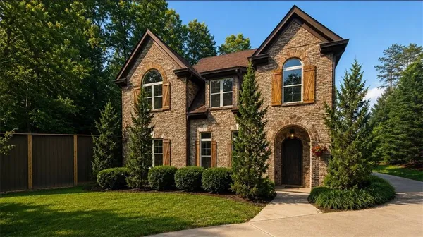 a front view of a house with a yard and trees