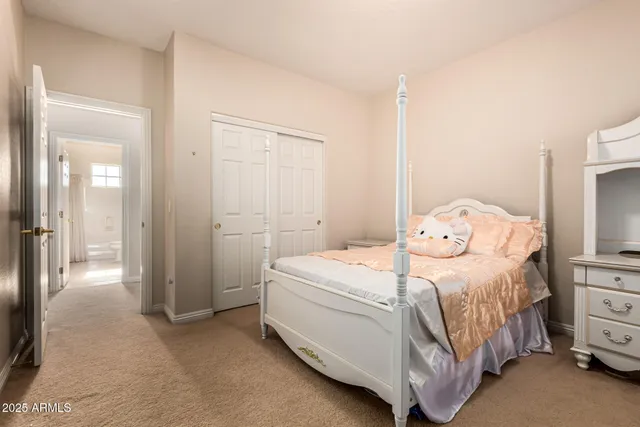 a bedroom with a bed and a closet