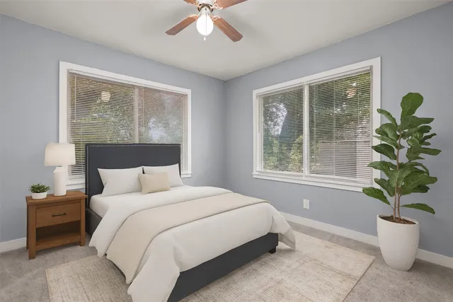 a backyard of a house with plants and large tree