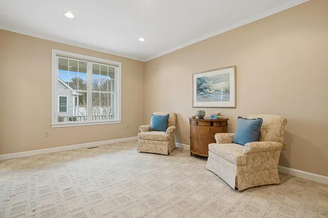 a view of a yard in front of a house with plants and large tree