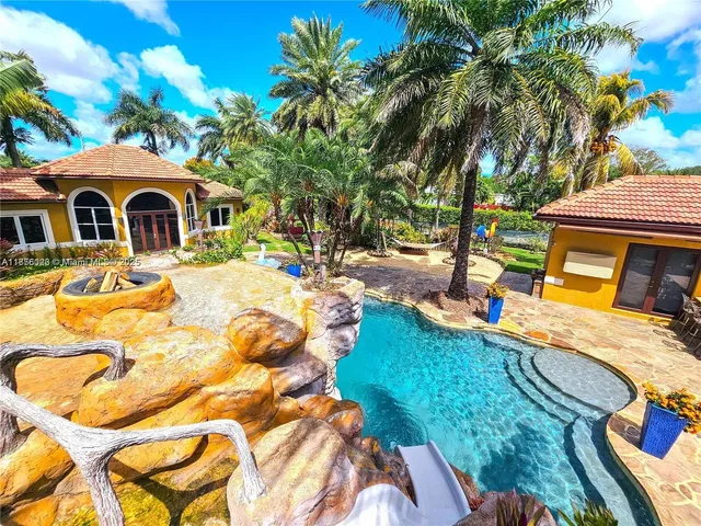 a view of a backyard with swimming pool