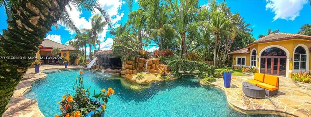 a view of swimming pool from a outdoor space
