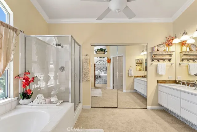 a view of a bathroom with a tub shower and mirror