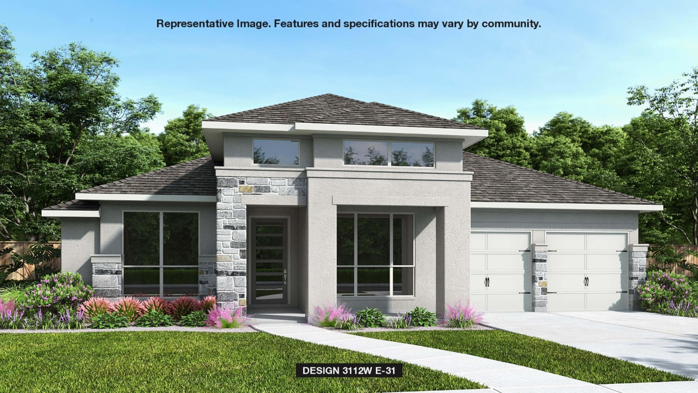 Contemporary house with stucco siding, a garage, stone siding, concrete driveway, and a front yard