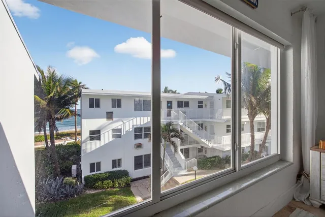 a view of a building from a balcony